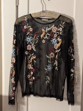 Zara Sheer Mesh Top, L, Embroidered Front & Sleeves, Black and Tropical, GUC